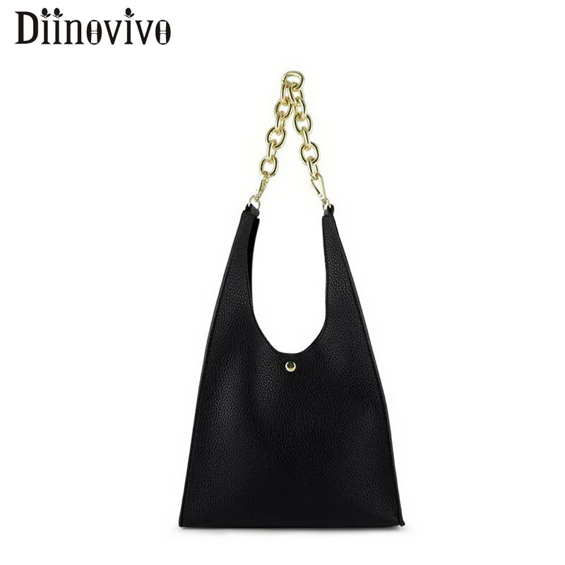 

DIINOVIVO Metal Chain Handbag Female Black PU Leather Tote Shoulder Bags Women Fashion Ladies Hand Bag On The Shoulder WHDV1478