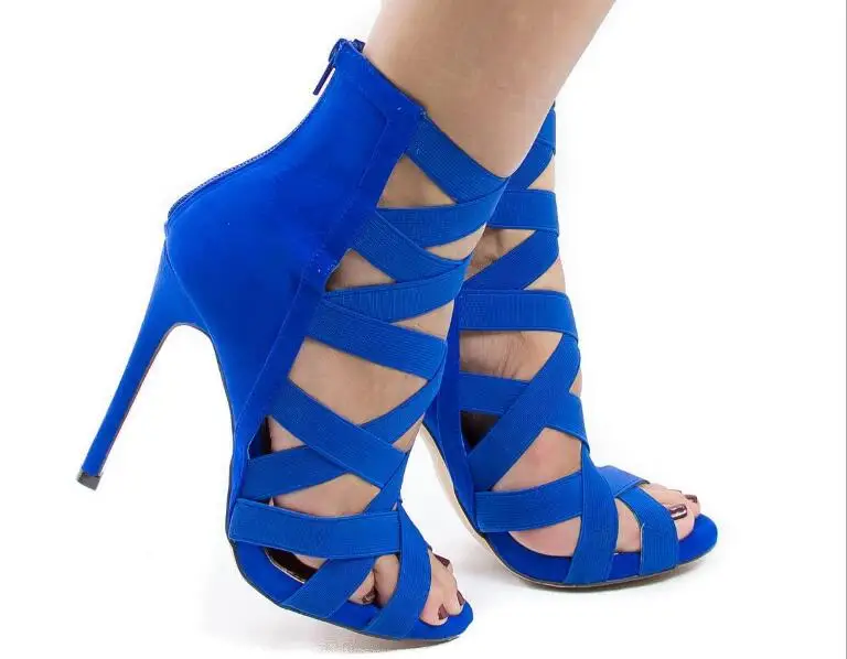 Весенние пикантные новые ажурные модные туфли на высоком каблуке женские туфли на высоком каблуке с открытым носком; сезон лето-осень классические пикантные вечерние женские босоножки в римском стиле на тонком каблуке - Цвет: Синий