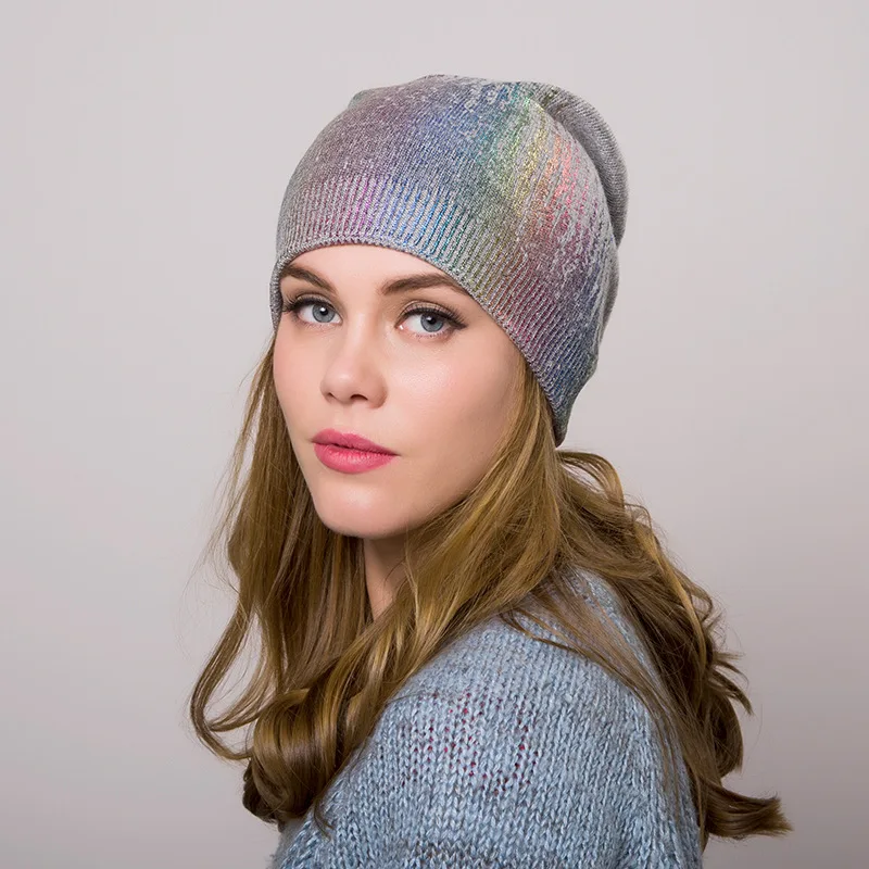 Новинка, Bronzing Beanie для женщин, повседневные кашемировые, цвета металлик, громоздкие шапочки для дам, женская шапка с принтом, зимняя, Прямая поставка