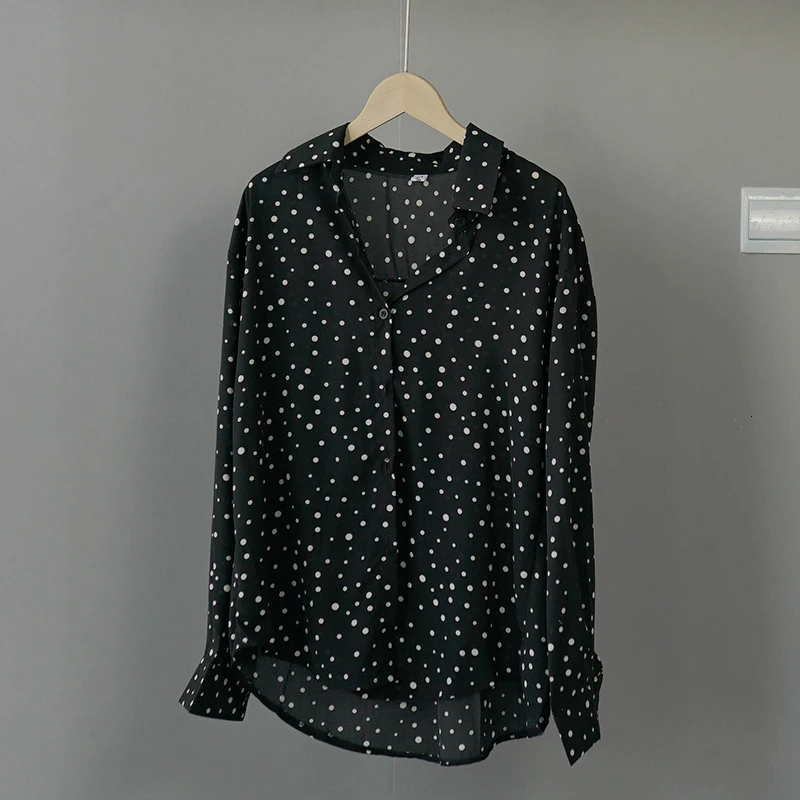 Весенняя шифоновая блузка женская элегантная повседневная рубашка в горошек Корейская Viantge с длинным рукавом Женские топы уличная одежда - Цвет: Черный