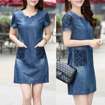 

Women Dress Denim Elegant Cowboy V-Neck Section Jeans Loose Casual Party Dignified Trend Women Short Dress Summer Clothes #4