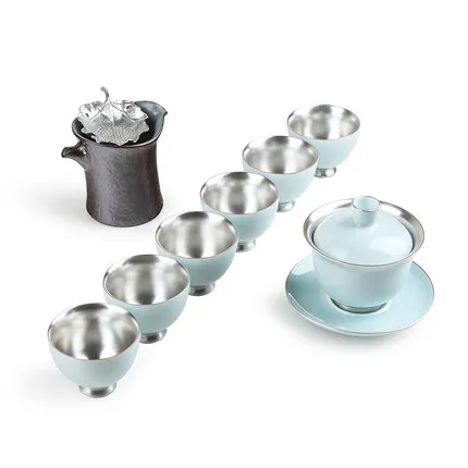Керамическая чайная чашка Celadon из серебра 999 пробы, настоящая Серебряная подводка для кунг-фу, чашка для домашнего чая, зеленый чай, Улун, чайная посуда