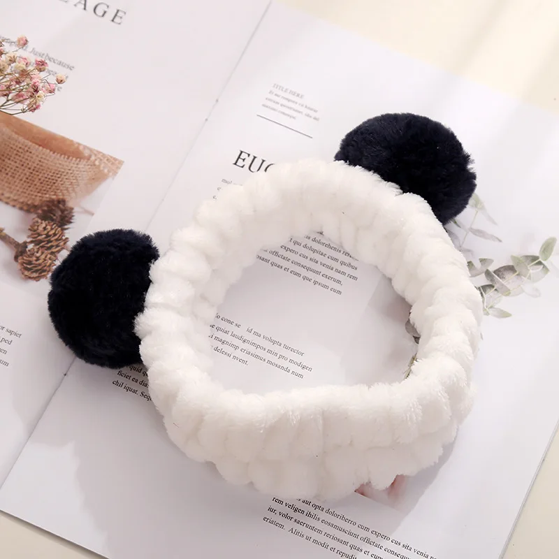 Elastic Cute Panda Ear Soft Carol Fleece Headband for Women Makeup Shower Washing Face Spa Mask Head Wraps