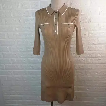 

Turn Down Collar Women Knitted Short Dress Elastic Half Sleeve Sweet Color Patchwork Female Dresses