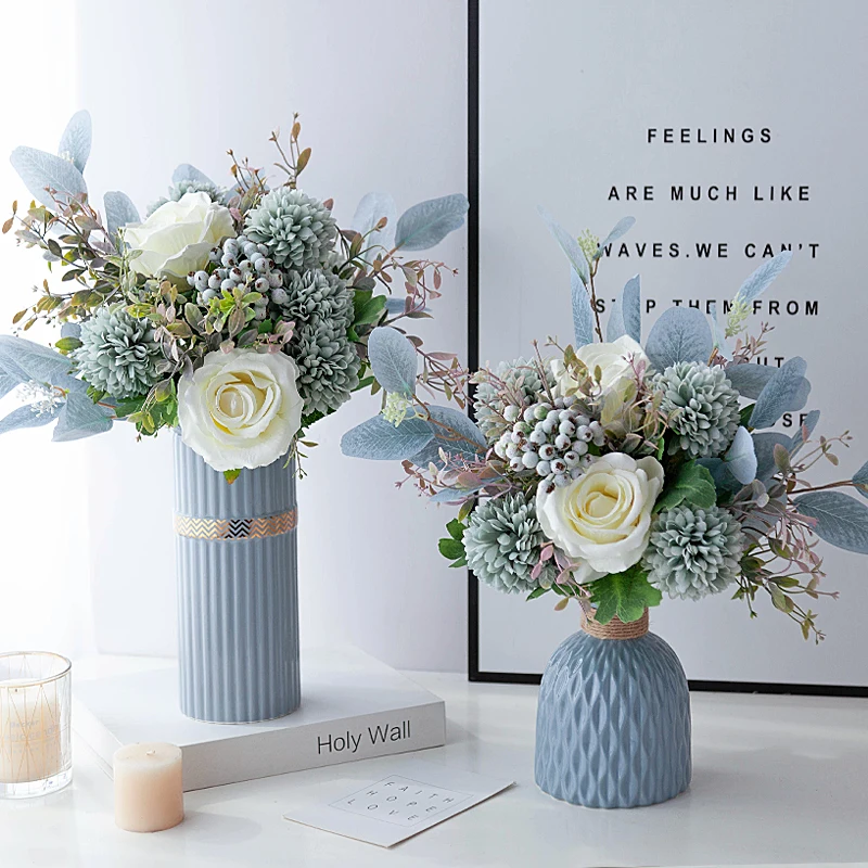 

Nordic Luxury Morandi Ceramic Vase Floral Rose Berry Flower Ornaments Home Livingroom Coffee Table Accessories Decoration Crafts