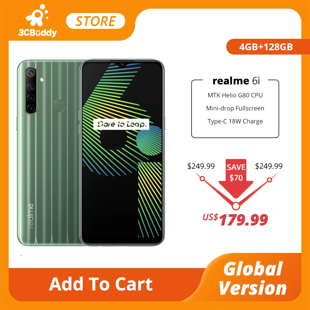 realme 6i 4GB RAM 128GB ROM Mobile Phone Helio G80 Octa Core Global Version 5000mAh Battery 48MP AI Quad Camera 6.5'' Display