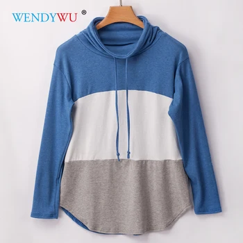 

New Autumn Women Long Sleeve Skateboards Hoodies Patchwork Striped Sweatshirts Casual Hooded High Collar Irregular Sports Tops