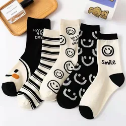 Japanese-Style Black and White Smiling Face Fresh Cartoon Cute Socks Preppy Fashion Socks Men/ Women Striped-Style Cotton Socks