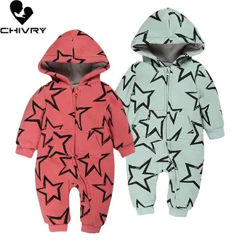 

New 2020 Baby Boys Girls Rompers Autumn Winter Long Sleeve Hooded Zipper Stars Print Jumpsuit Newborn Playsuit Infant Clothing