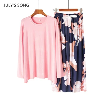

JULY'S SONG New Viscose Women Pajama Set Modal Women Autumn Simple Floral Graffiti Long-sleeved Trousers Sleepwear Spring Female