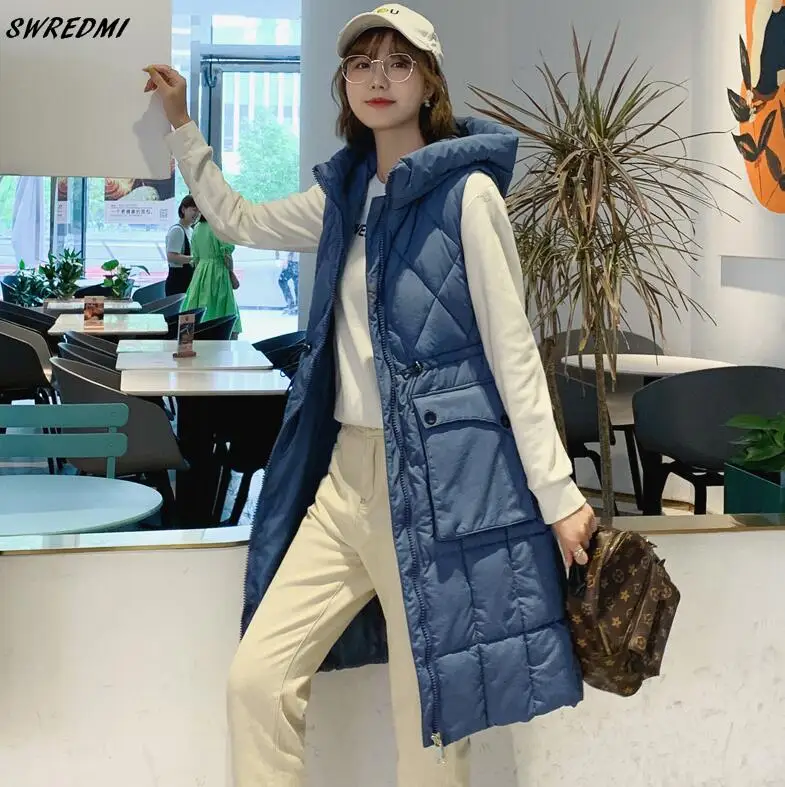 Синий SWREDMI Vest Women Coat Long Slim Drawstring Waistcoat Overcoat Sleeveless Female Jacket Down Cotton Padded Warm Vest Hooded - Цвет: Синий