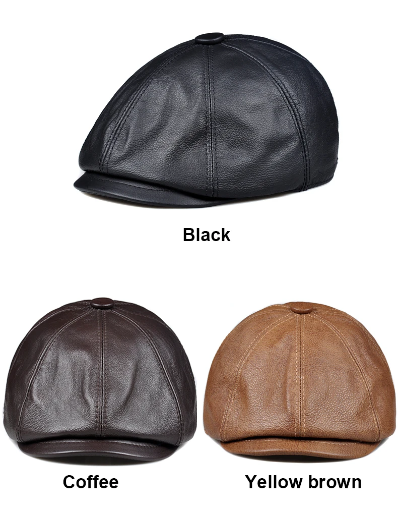 Men's Genuine Leather Warm Octagonal Cap, Casual Vintage Newsboy Cap Golf Driving Flat Cabbie Hat, Winter Male Artist Gatsby Cap men's black beret hat