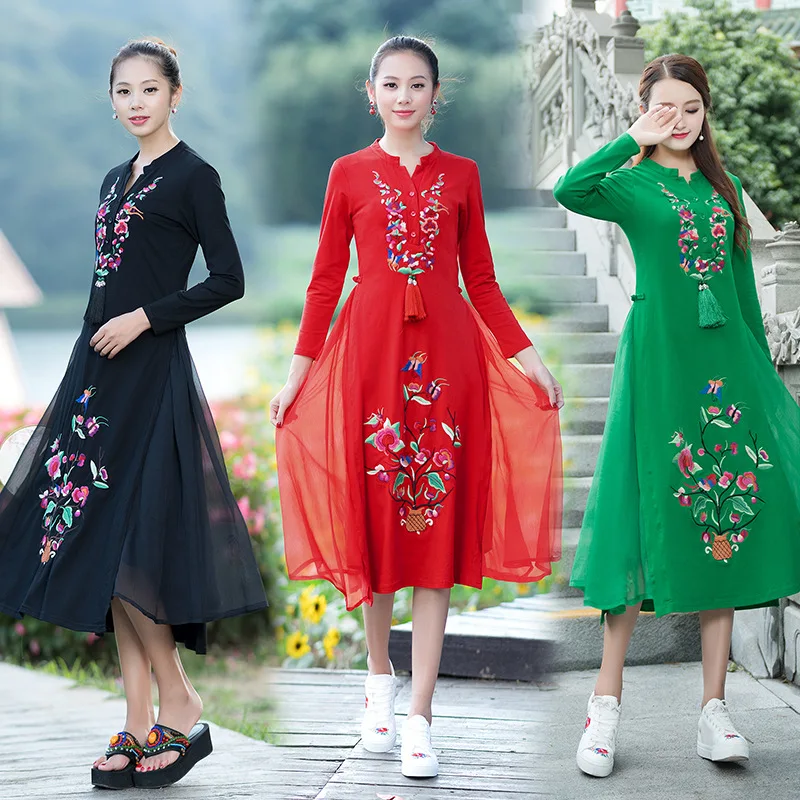 

New Style WOMEN'S Dress National Wind Embroidery Long Sleeve Stand Collar Ultra-Elasticity Waist Hugging Dress