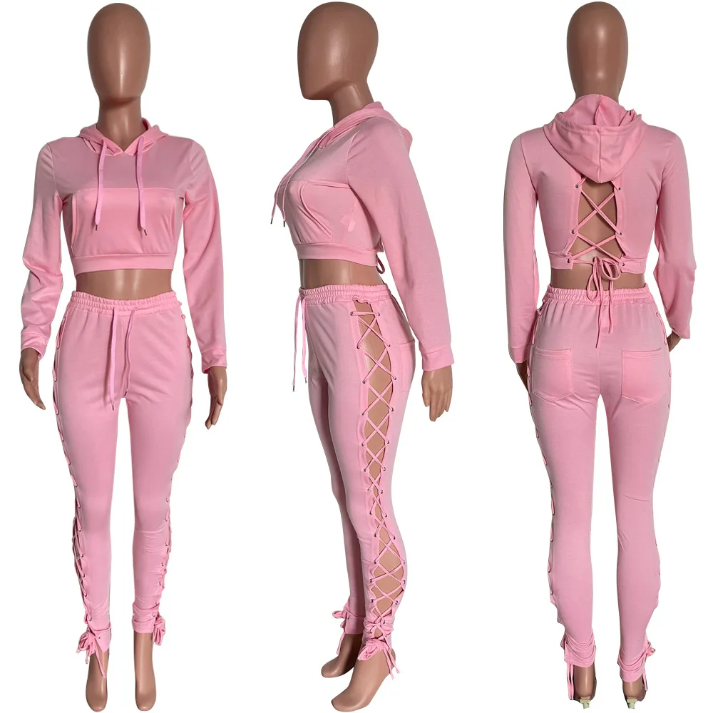 pink pant suit Ronikasha Women Sexy Two Piece Sets Back Cross Lace Up Hoodie Top and Drawstring Hollow Out Pants Set evening pant suits