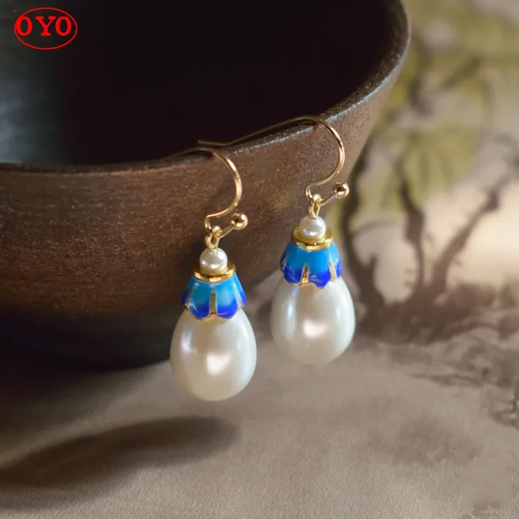 

925 Silver Natural Shell Pearl Large Drops Burnt Blue Classical Earrings