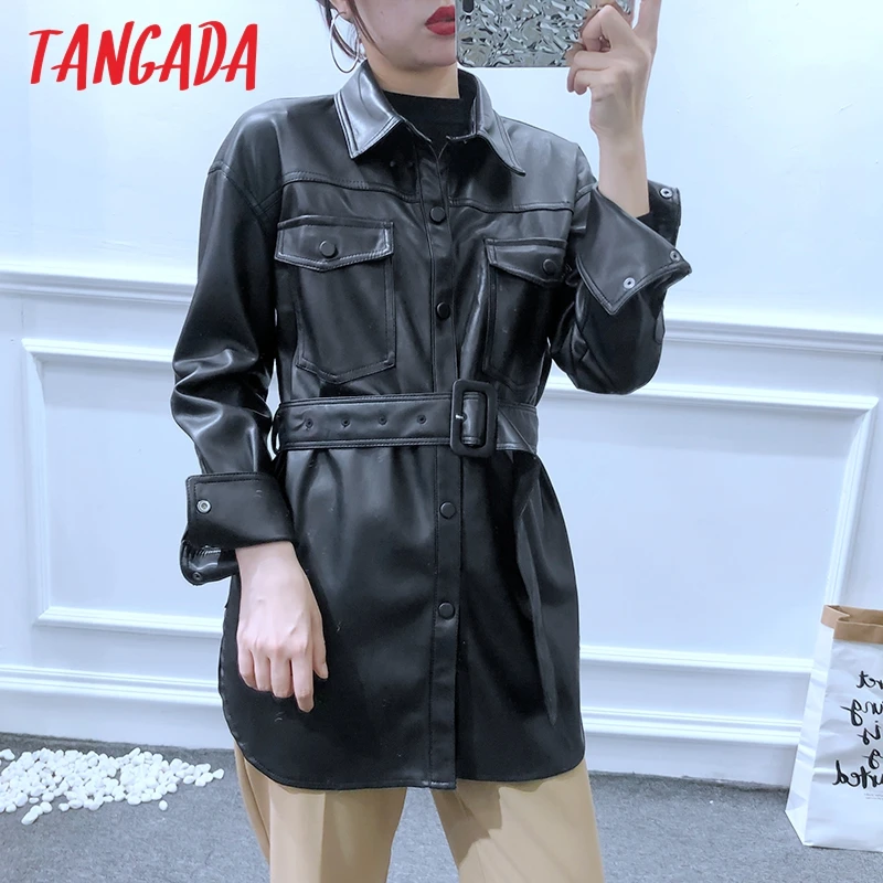 price cut  Tangada Women faux leather jacket coat with belt turn down collar Ladies Long Sleeve boyfriend styl