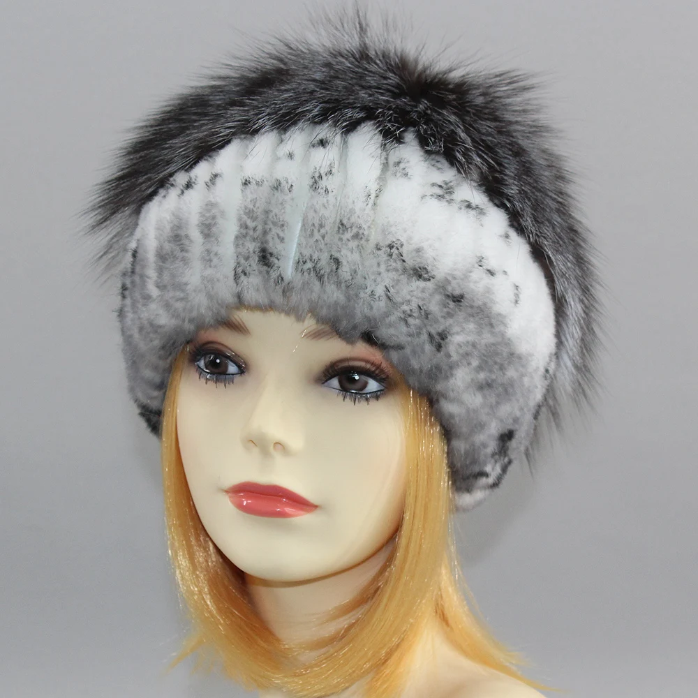 Hot Sell Winter Lady Beanie Hat Women Real Rex Rabbit Fur Hats Knitting Thicken Fur Hat Female Luxury Fox Fur Cap Beanies
