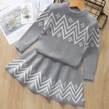 

Casual Girls Winter Clothes Set Long Sleeve Sweater Shirt Skirt 2Pcs Clothing Suit Spring Plaid Outfits for Kids Girl's Clothes