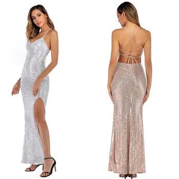 

European American fashion ladies dress new sexy sequined backless dress V-neck split mopping party performance dress new