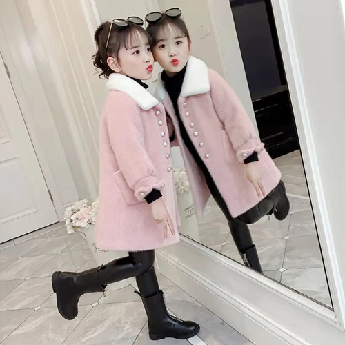 Fashion New Wool Kids Girls Jackets Turn-down Collar Coat Autumn Winter Children Clothes Thick Girls Outerwear For 3-12 - Цвет: 2