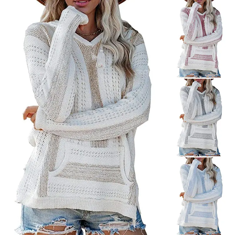 

Women V Neck Patchwork Hooded Sweater Casual Long Sleeve Knitted Sweater Top Striped Elegant Pullover Jumpers