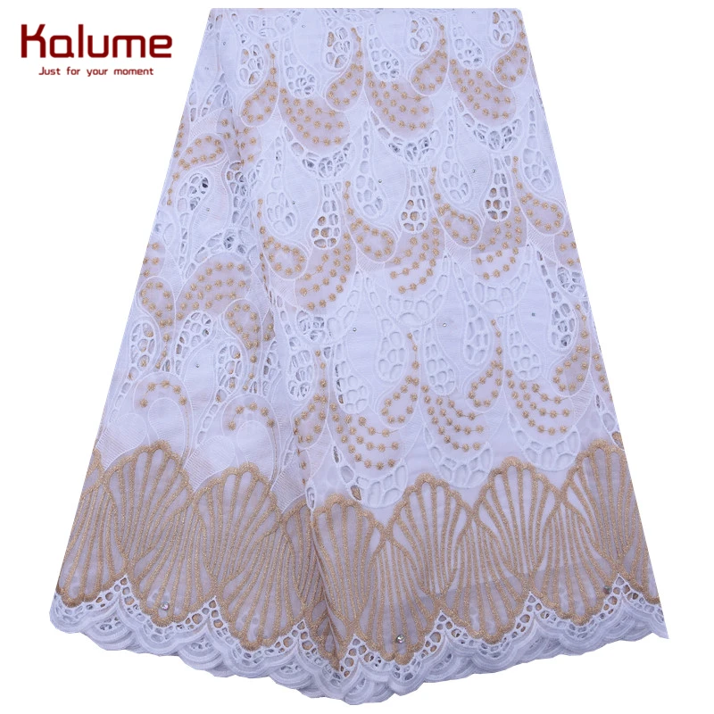 

Kalume Gold African Swiss Cotton Lace Fabric Holes Comfortable Nigerian Tulle Lace Fabric With Stone For Daily Dress Party F1851