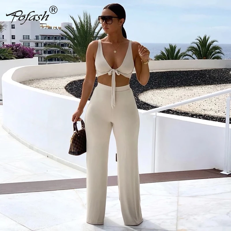 

POFASH Spaghetti Strap Deep V-Neck Two Piece Set Solid Sheath Sleeveless 2 Piece Set Women Night Club 2020 Summer Two Piece Set
