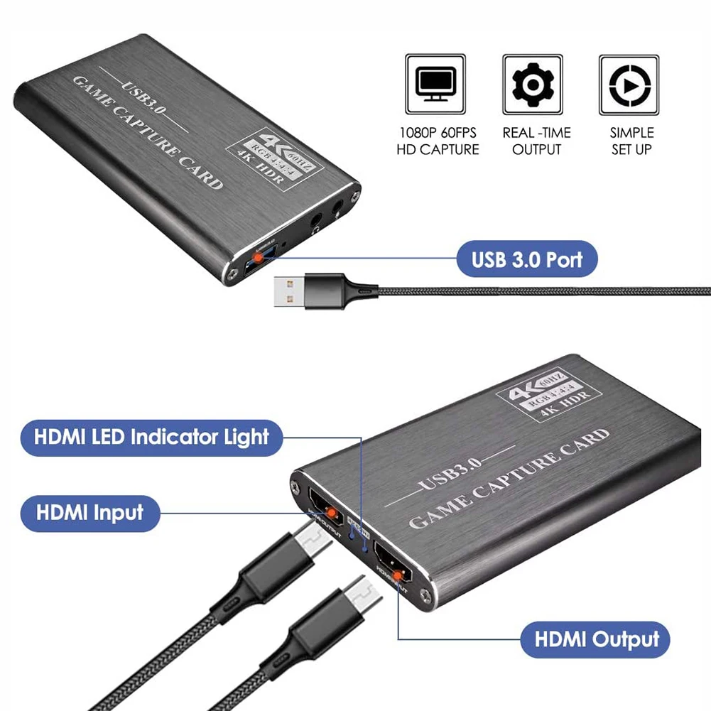 

USB3.0 HDMI 4K60Hz Video Capture HDMI to USB Video Capture Card Dongle Game Streaming Live Stream Broadcast with MICinput