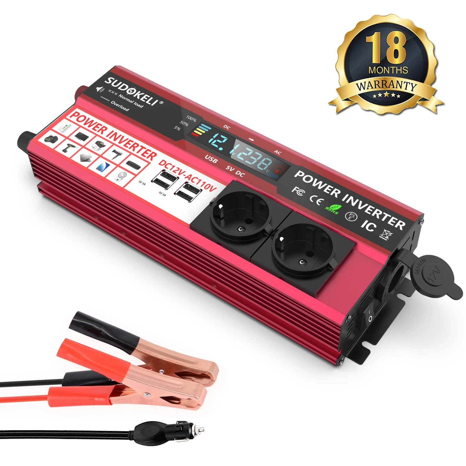 

Car inverter 12V 24V 2000W inverter voltage transformer DC12V toAC 220V converter 4 USB LED display home