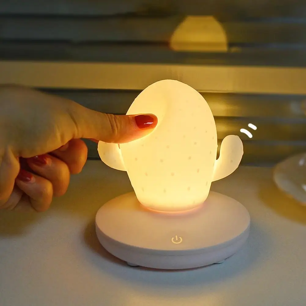 

Cute Cactus Touch Dimming USB Rechargeable LED Bedside Lamp Night Light Decor different lighting modes can be adjusted accordin