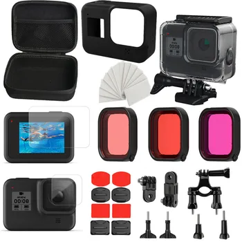 

For GoPro 8 Black Travel Case Outdoor Sports Set Kit Tempered Glass Screen Protector Silicone Cover+Diving Filters Accessories