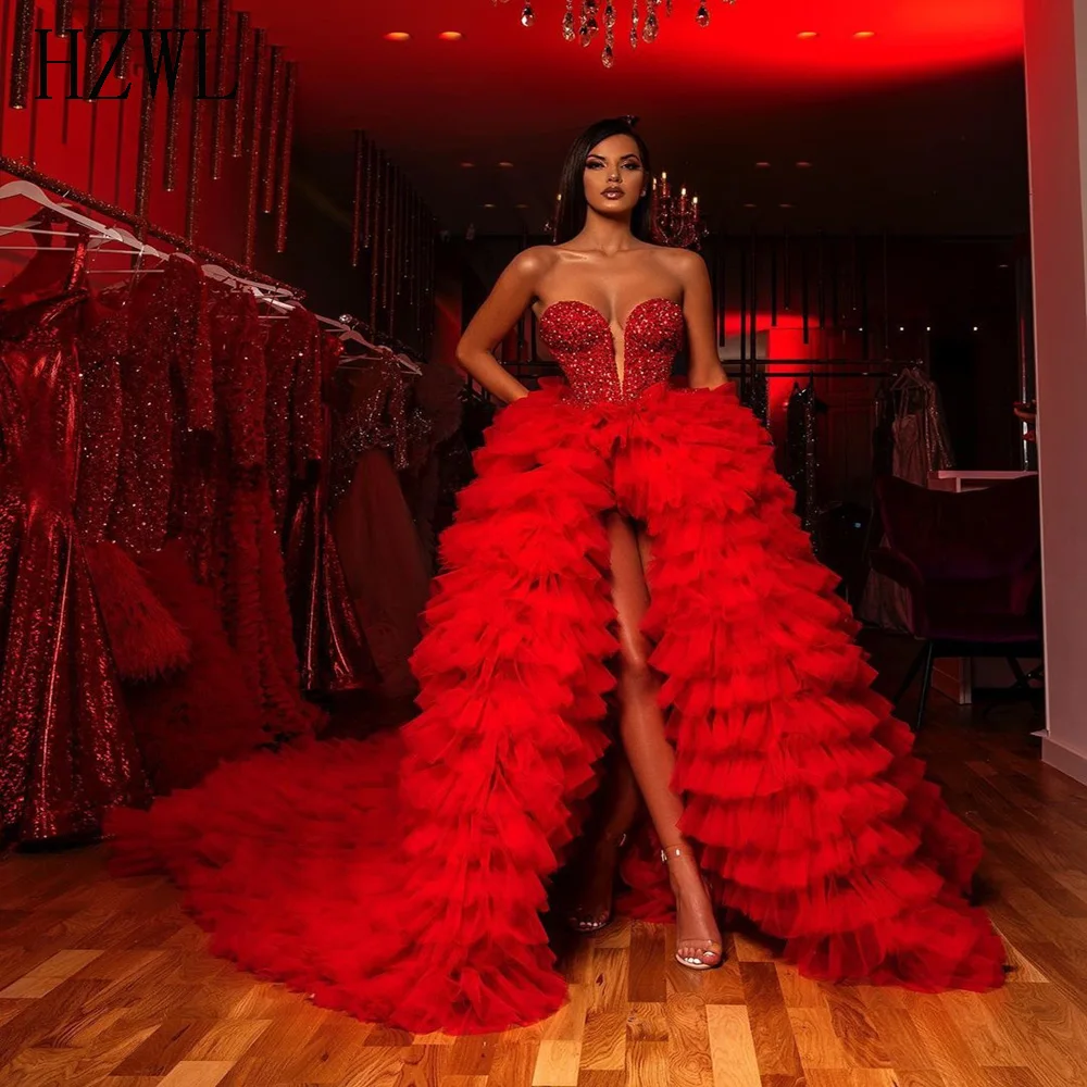 

Fashion Red Sweetheart Crystal Beaded Top Evening Dresses 2020 Tiered Ruffle Front Split Irregular Prom Dress Formal Party Gown