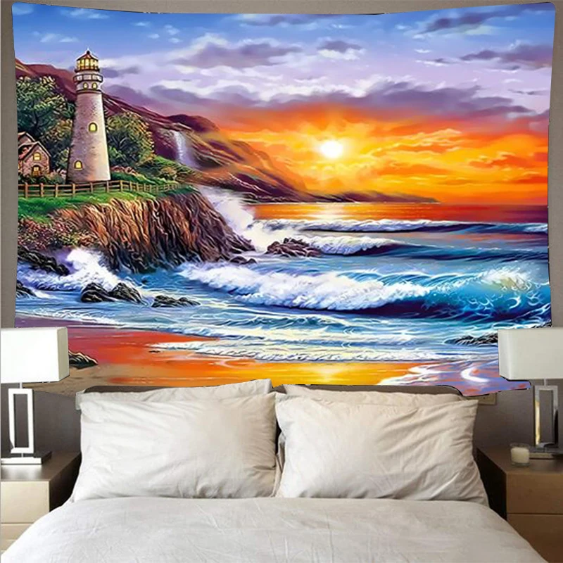 Sunset Coast Lighthouse Printed Tapestry Cheap Hippie Wall Bohemian Mandala Oil Painting Style Decorative Art | Дом и сад