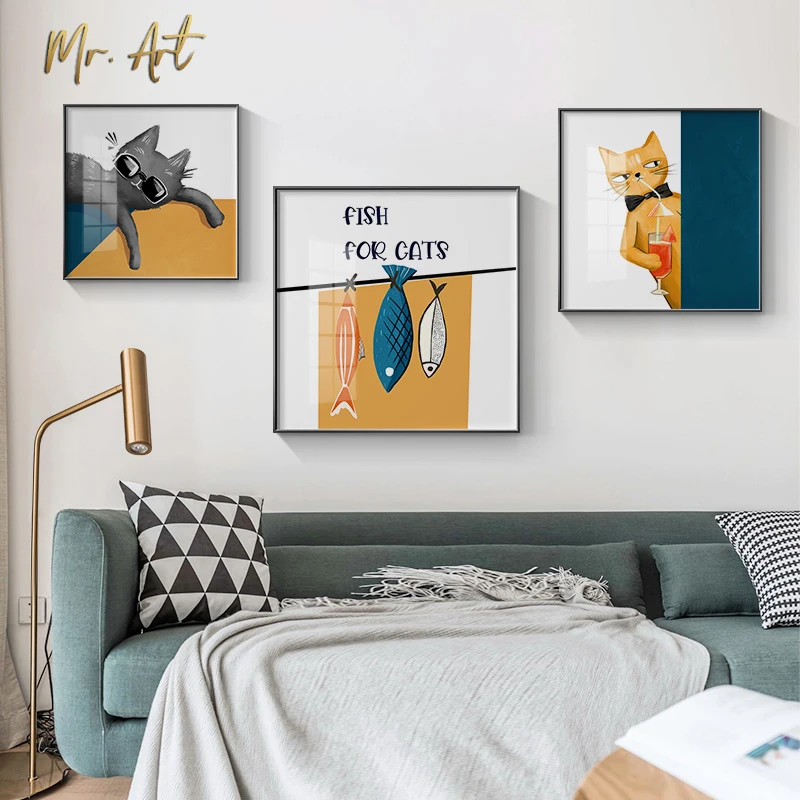 

Cartoon Wall Poster Print Home Decoration Funny Cat and Fishes Canvas Painting Nordic Wall Art Pictures for Kids Children Room