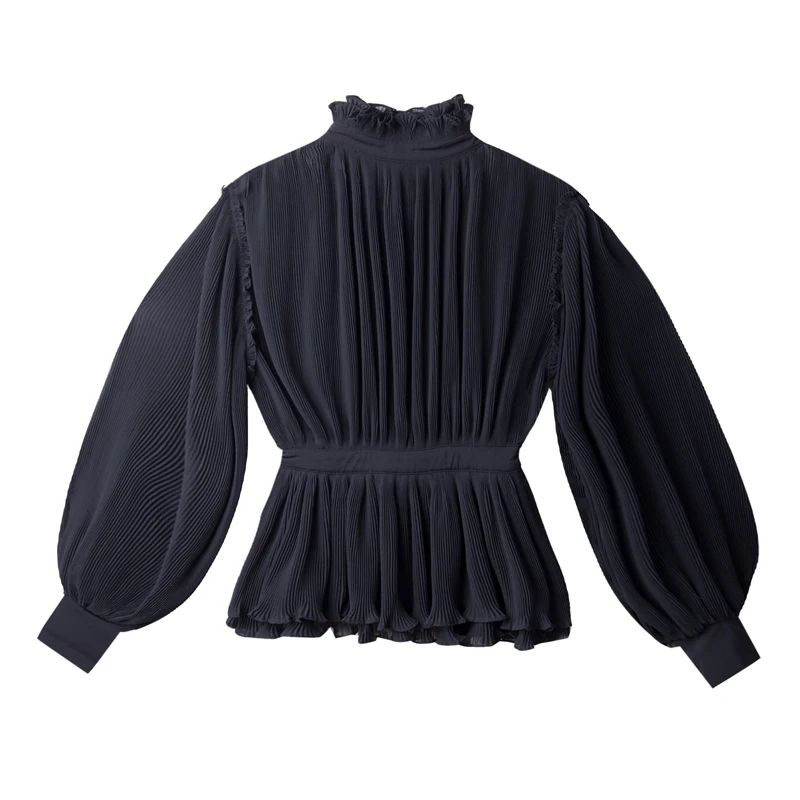 [LIVIVIO] плиссированная блузка со стоячим воротником и фонариком с длинным рукавом с высокой талией Женская рубашка женские повседневные Модные топы
