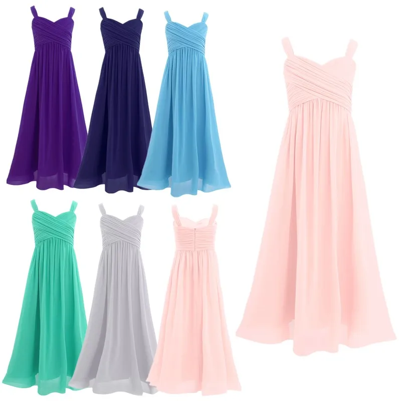 Kids Chiffon Pleated Maxi Flower Girl Dress Princess Pageant Wedding Party Gown 