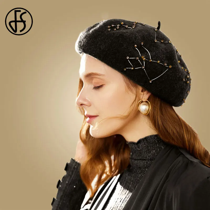 Black Wool Beret FS, Черный Французский Берет, шапки для женщин, женская шерстяная шапка, Зимняя мода, хаки, желтые береты, художники, восьмиугольные шляпы, шапки - Цвет: Black Wool Beret