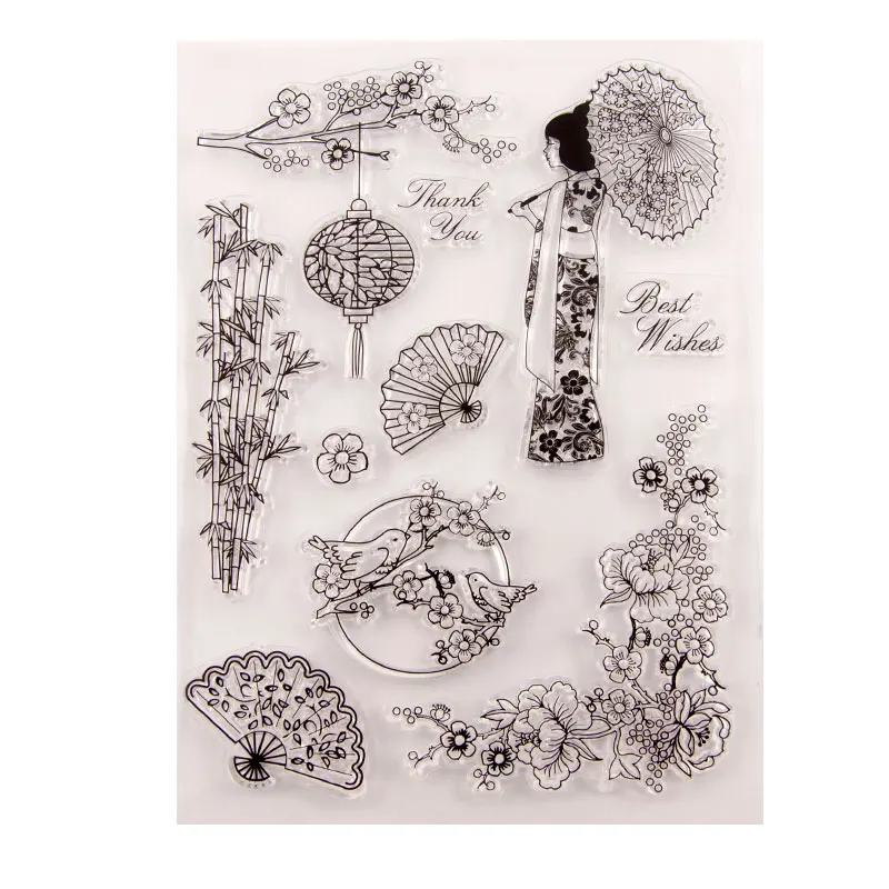 

Cherry blossoms Clear Stamps Japanese kimono Transparent Rubber Stamps for DIY Scrapbooking Card Making Photo Album Crafts Decor