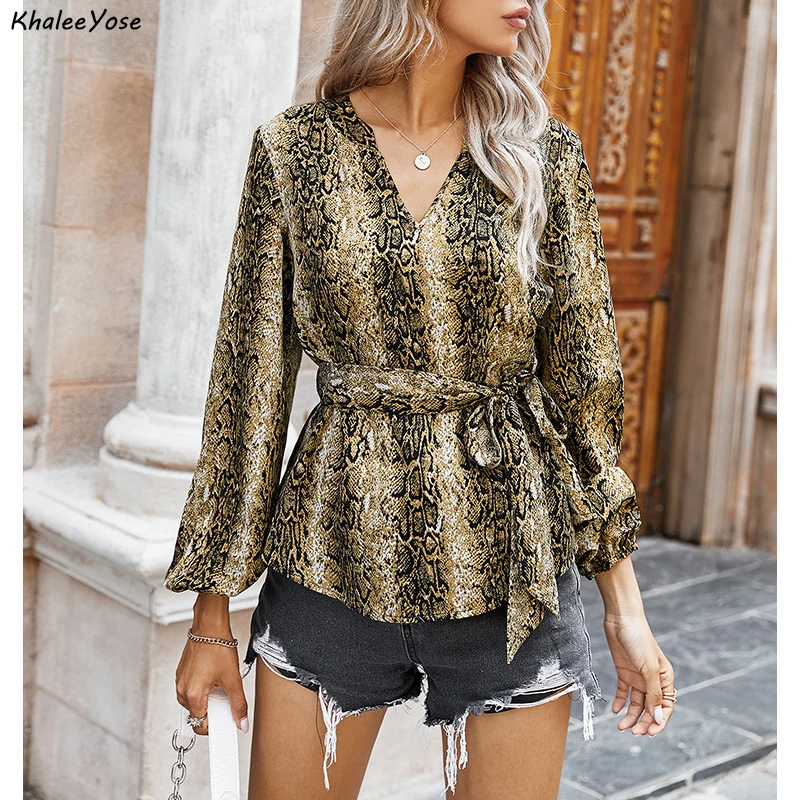 

KHALEE YOSE Boa Animal Print Blosue Shirt Python Casual Women Autumn Blouses Top Long Sleeve Tie Up Shirt Blouses Streetwear