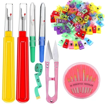 

Nonvor 4 Pcs Sewing Seam Rippers and 100 Pcs Sewing Fabric Clips, Thread Remover Tool Kit with Thimble, Scissors,Embroidery