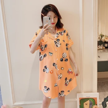 

2020 Summer Thin Ice Silk Short Sleeve Korean Style Loose Cute Cartoon Button Womens Nightgown Sleepwear Plus Size