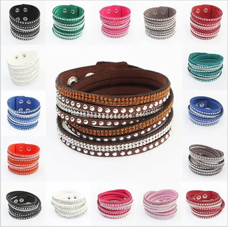 Women Luxury Multilayer Leather Wrap Cuff Punk Crystal Rhinestone Bracelets Bangle Jewelry Rose Black Birthday Valentine Gift | Украшения и