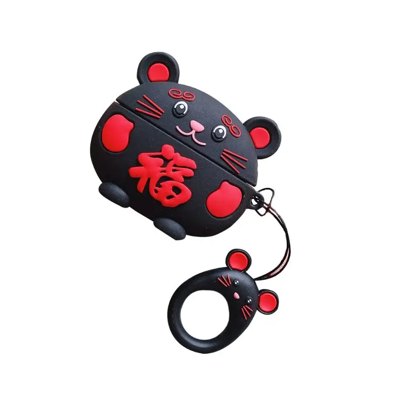 Silicone Earphone Case New Year Mouse Protective Cover Lanyard for Airpods Pro