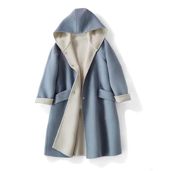 

Mozuleva Winter New Elegant Women's Two-Tone Double-Faced Woolen Mid-Length Wool Overcoat Hooded Dark Buckle Woolen Coat Women