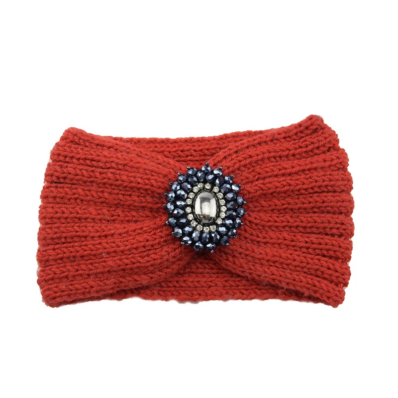 New Women Crystal Flower Headband Crochet Headwrap Casual elastic Hairband Knitting Beanies Turban Winter Knitted Headbands
