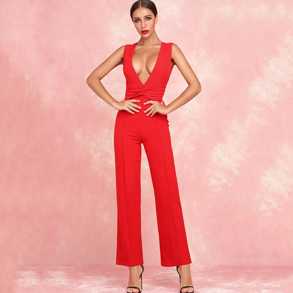 Модный сексуальный женский красный глубокий v-образный вырез без рукавов облегающий клубный комбинезон Подиумные вечерние комбинезоны