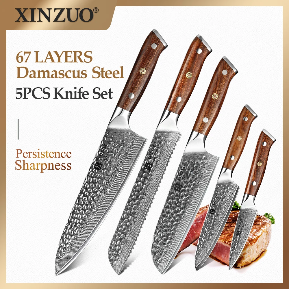 

XINZUO Damascus Steel 5PCS Kitchen Knife Set Bread Chef Meat Santoku Paring Fruit Cleaver Knife Cutter Tool with Ironwood Handle