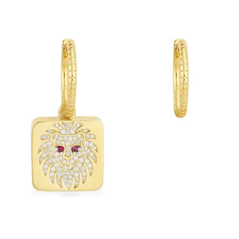 

SLJELY High Quality S925 Sterling Silver Yellow Gold Color Asymmetric Red Eyes Lion Earrings Cubic Zirconia Women Brand Jewelry