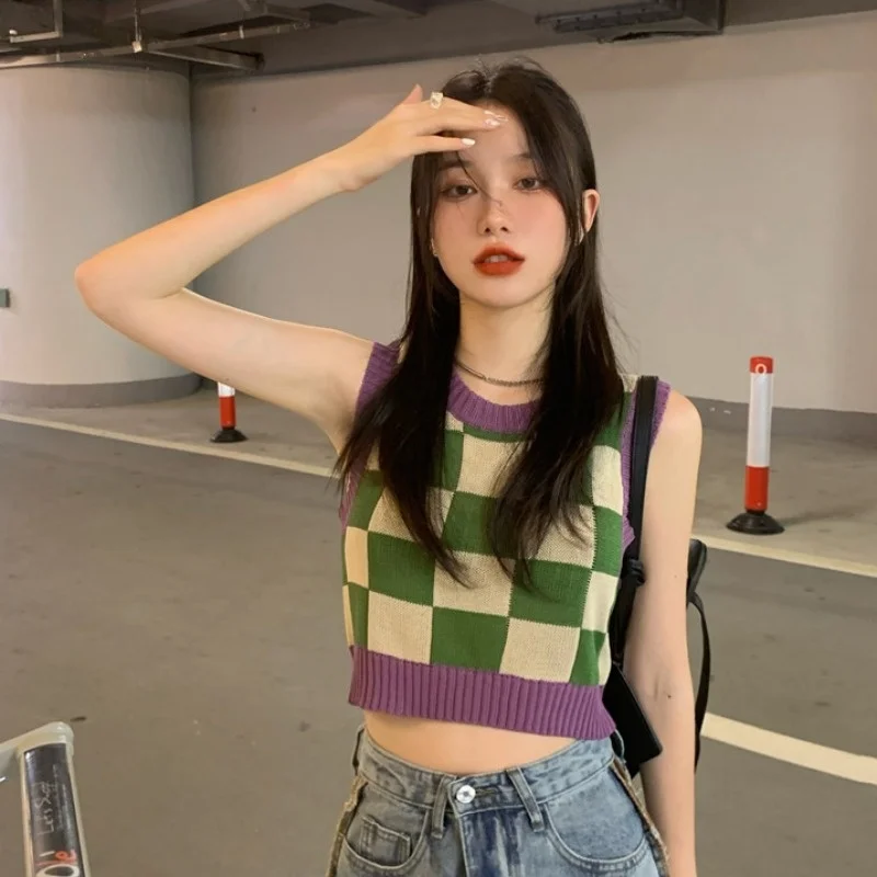 Женский клетчатый Трикотажный жилет на бретельках летний французский