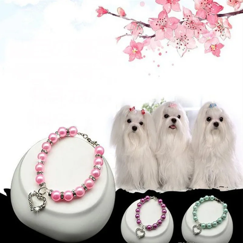Accesorios para mascotas, corazón, diamantes de imitación, para cachorros, gatos, mascotas con Collar de perlas, accesorios de amor, joyería